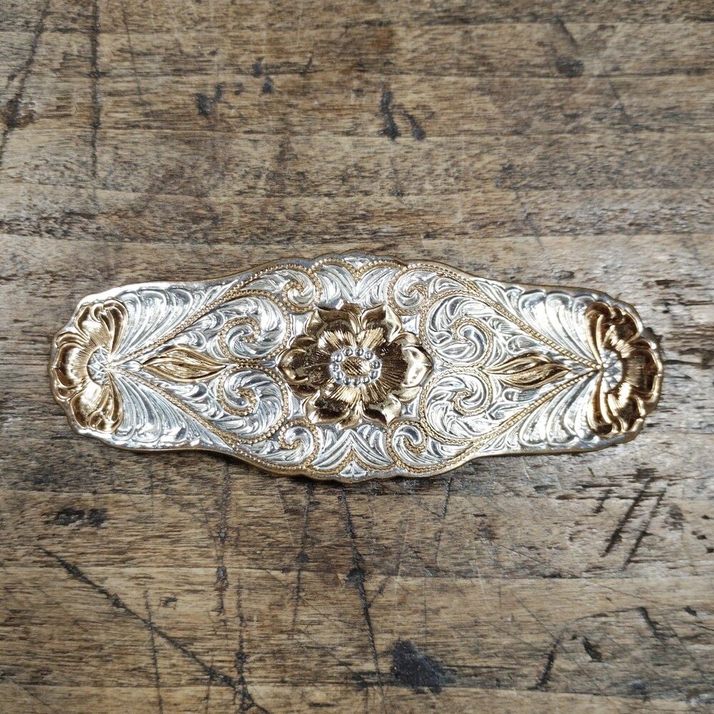 Vintage Belt Buckle Silver Gold Tone Floral Flower Western Cowgirl Rodeo